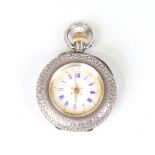 An early 20th century Swiss silver fob watch, gilded white enamel dial with blue Roman numerals