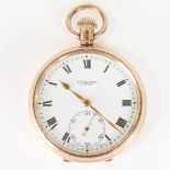 J W BENSON - an early 20th century 9ct gold open-face topwind pocket watch, white enamel dial with