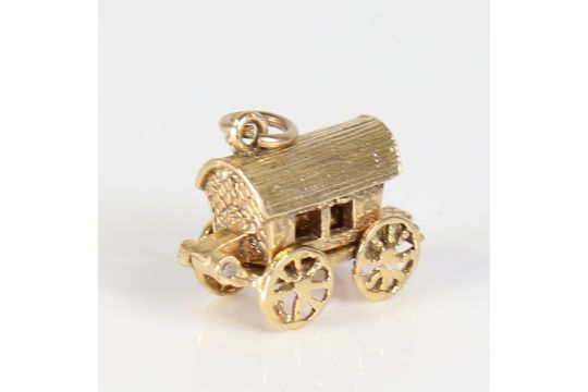 A late 20th century 9ct gold Gypsy caravan charm, opening to reveal a fortune teller with crystal - Image 3 of 5