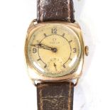OMEGA - a Vintage gold plated cushion cased mechanical wristwatch, circa 1930s, silvered dial with