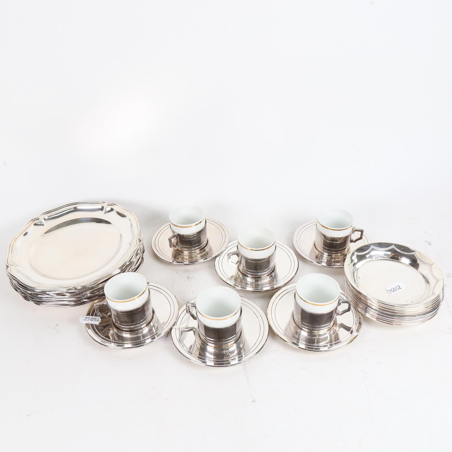 A set of 6 WMF plated coffee can holders and saucers, with Rosenthal ceramic inserts, a set of 10