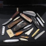 Various penknives and utility knives, including silver-bladed mother-of-pearl handled fruit knife,