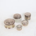 4 small silver pill pots, and a glass and silver-lidded pot, 2.1 weighable ounces (5)