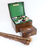 An oak sewing box with tray fitted interior and contents, length 23cm, an inlaid jewel box, and 2