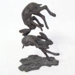 Sue Maclaurin, bronze sculpture, tumbling hares, signed, height 24cm