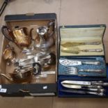 A tray of mixed plated ware, to include tea and coffee pots, cutlery etc