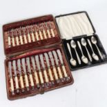 A cased set of 6 silver teaspoons, and a cased set of dessert knives and forks for 12 people