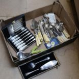 A tray of mixed plated cutlery, a serving set, fish cutlery etc