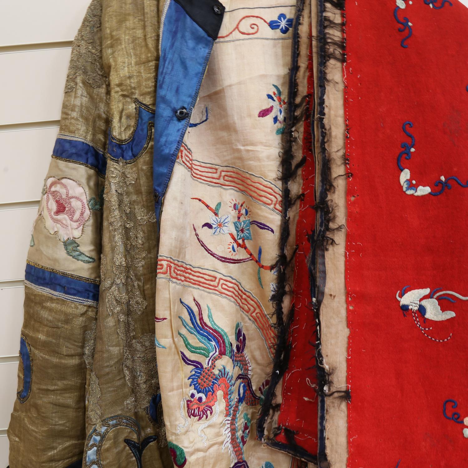 A Chinese gold braid embroidered dragon kimono, a Chinese silk embroidered panel, and another (3) - Image 2 of 2