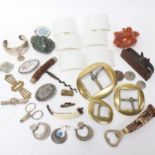 Various collectables, including Antique buckles, horn-handled corkscrew, carnelian censer etc (