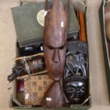 Various collectables, including African Tribal hardwood masks, Art Nouveau box, games box etc (