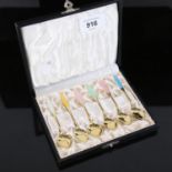 FRIGASE - a set of 6 sterling silver-gilt and coloured enamel teaspoons in fitted box