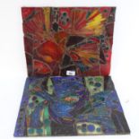 A pair of glass panels, with applied mosaic glass abstract designs, 36cm across