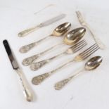 8 pieces of ornate French silver cutlery, to include 3 spoons, 3 forks, and 2 knives, with allover