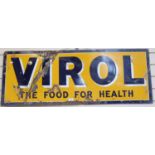 A Vintage blue and yellow enamel Virol shop advertising sign, 46cm x 122cm
