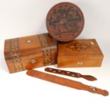 Bamboo and rosewood page turners, red and black lacquer Oriental box, dome-top sewing box etc