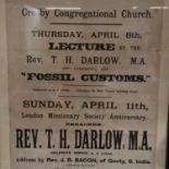 A large scale Vintage Crosby Congregational Church advertising poster, for a Lecture on Fossil