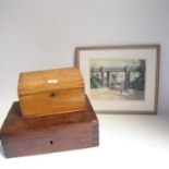 An oak stationery box, coloured print of Hastings Queens Road railway bridge, and another Deed