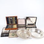 5 mixed cased sets of cutlery, and 2 plated entree dishes