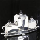 A modern Art Deco style 3-piece silver plated tea set, comprising teapot, milk jug and sugar pot, on