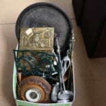 Various metalware and collectables, including barometer, cast-iron recipe book stand, brass letter