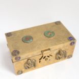 A Japanese brass and cloisonne enamel box, engraved dragon and applied Buddha decoration, 13cm x