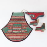 Various Chinese textiles and embroidery, including a pair of shoes for bound feet, ear muffs etc