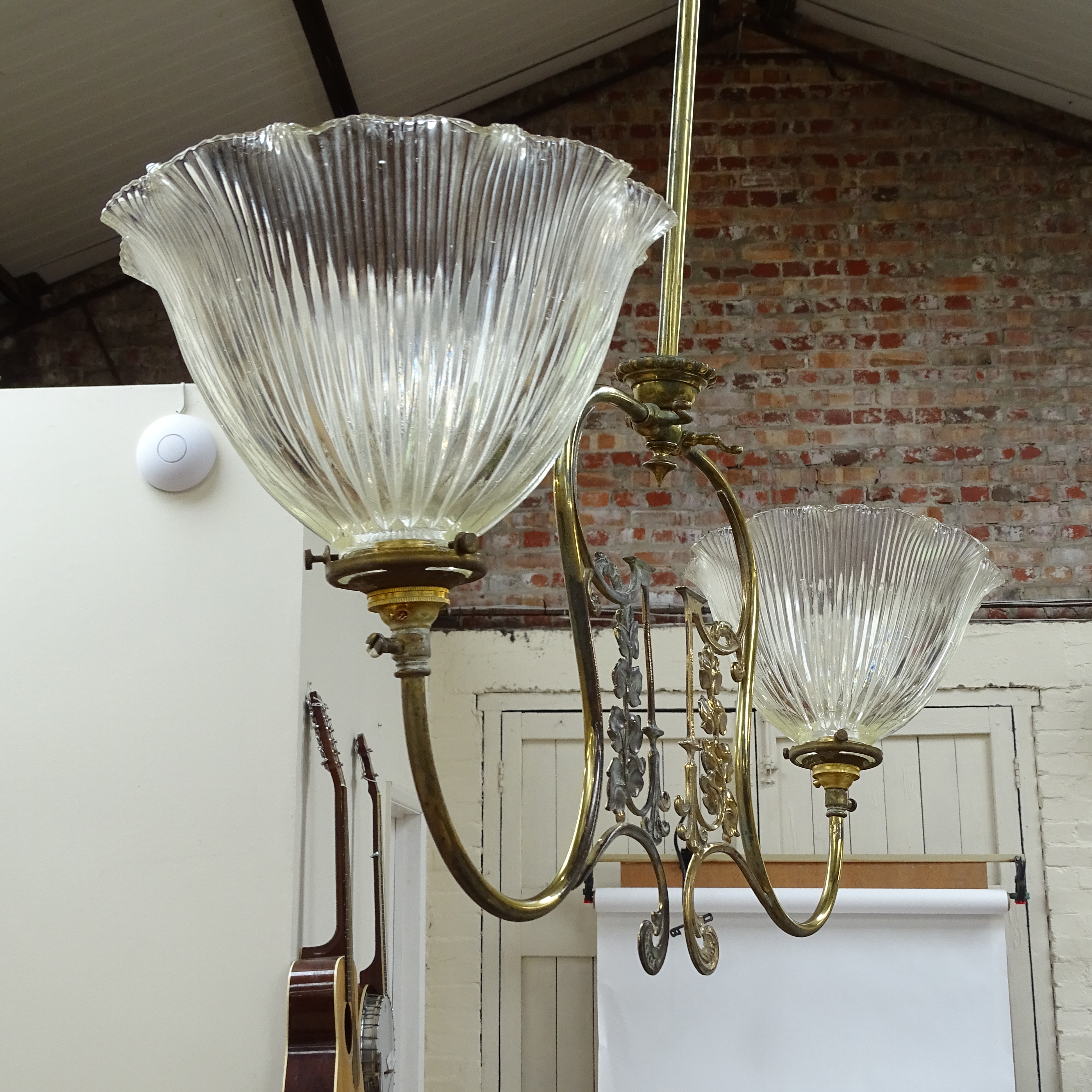 A Large Brass 2 shade gas lamp converted to electric - Image 2 of 2