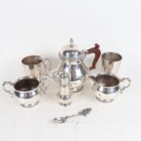 A silver plated 3-piece tea set, 2 plated tankards, and a small silver sugar sifter (3.1oz)