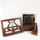 A 19th century mahogany folding travelling writing slope, metronome, and lyre music stand (3)