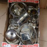 A box of mixed plated ware, to include muffin dish and cover, toast rack, bottle holder, fruit bowl,