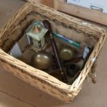 A wicker basket containing Oriental bronze bowl, Middle Eastern brass bowl, onyx and gilt-metal