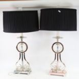 A pair of modern chrome plate and glass table lamps and shades, height to top of shade 78cm