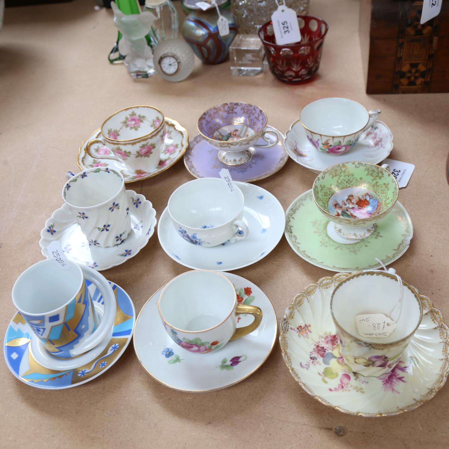 Various cabinet cups and saucers, makers include Rosenthal NR 6 Y Galgon, Nymphenburg Theodore