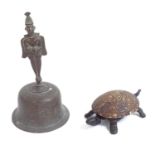 A Vintage German painted cast-iron figural tortoise shop counter bell, length 15cm and a Bronze