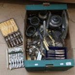 A large tray of mixed plated ware, to include cutlery, bottle stand etc