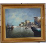 Gunther, contemporary oil on canvas, Continental harbour, signed, 50cm x 60cm, framed