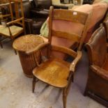 An Antique kitchen ladder-back elbow chair