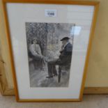 William Rainey, monochrome watercolour, a chat in the garden, 26cm x 16cm, framed