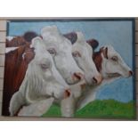 Clive Fredriksson, oil on canvas, 4 cattle, 77cm x 104cm