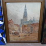 E Nevil, watercolour, Antwerp, signed, 75cm x 54cm, framed