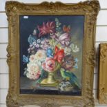 Rennie, oil on canvas, still life, flowers with urn and parrot, 50cm x 40cm, framed