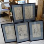 A set of 12 pencil caricature sketches, and 8 modern gilt frames (2 boxes)