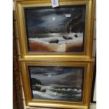 J Le Van, pair of oils on board, moonlit shore scenes, signed, 21cm x 30cm, framed