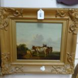 Manner of Thomas Sidney Cooper, oil on wood panel, cattle and sheep in landscape, unsigned, image