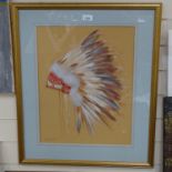 Lucy Lastique, pastel on paper, Native American headdress, signed, 48cm x 38cm, framed