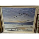 Mackenzie Thorpe, oil on canvas, geese in flight, 1971, signed, 50cm x 60cm, framed