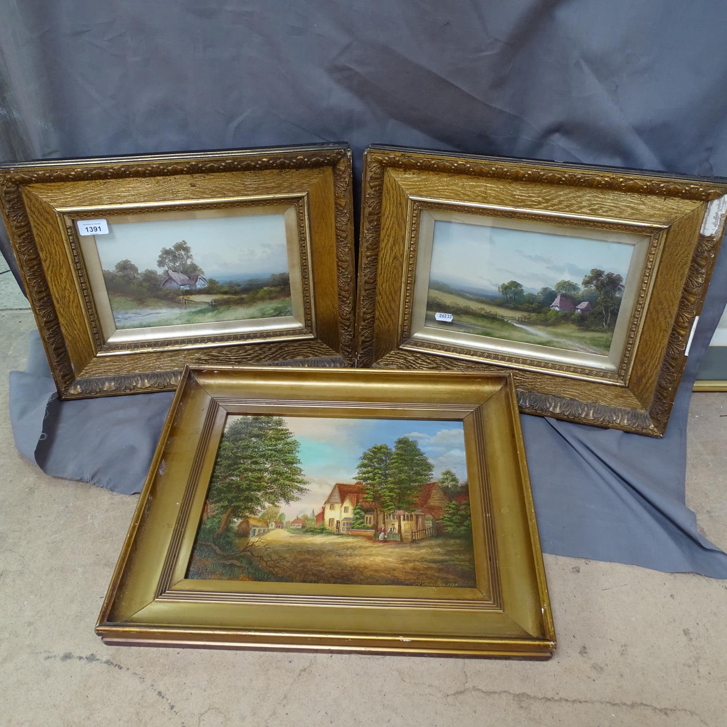 P Hamilton, oil on board, rural scene, 25cm x 33cm, and a pair of oils on board, landscapes,