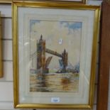 Watercolour, Tower Bridge, mid-20th century, indistinctly signed, 32cm x 22cm, framed