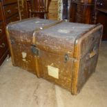 A Victorian metal and slat-bound steamer trunk, with inner fitted tray, W85cm, H54cm, D50cm